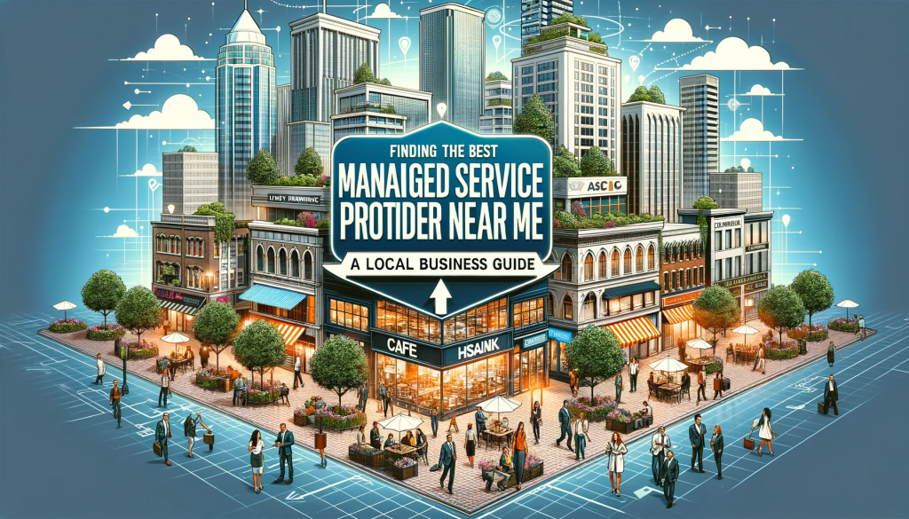 A vibrant cityscape featuring diverse business owners using technology, with a sign pointing to 'Top Managed Service Providers' at a local business hub.